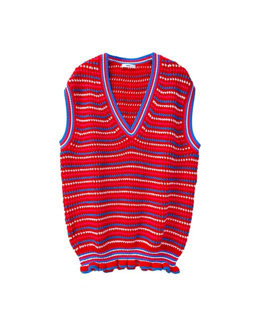 Arto. Red Yeah! Cozy Wool Blend Ruffles Stripes Oversized Vest