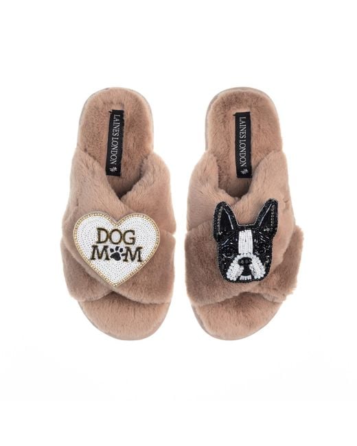 Laines London Brown Classic Laines Slippers With Buddy The Boston Terrier & Dog Mum Mom Brooches