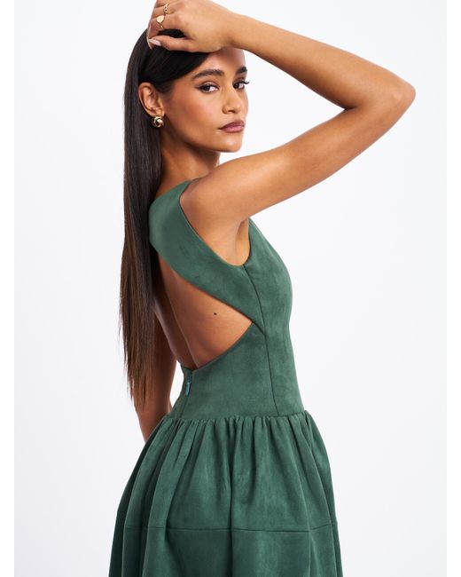 Miss Circle New York Green Laila Suede Boat Neck Backless Midi Dress