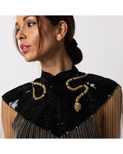 House of Laines London Black Laines London Hand Beaded Snake Tassel Cape