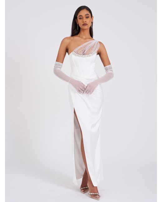 Miss Circle New York White Lora Crystal Embellished Mesh Satin Corset Gown
