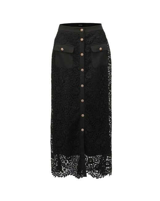 Smart and Joy Black Lace And Center Buttons Straight Midi Skirt