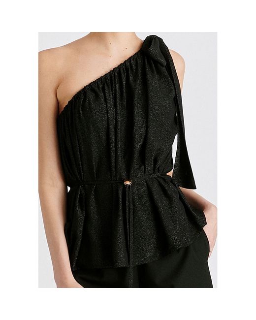 Paisie Black Sparkled One Shoulder Bow Top