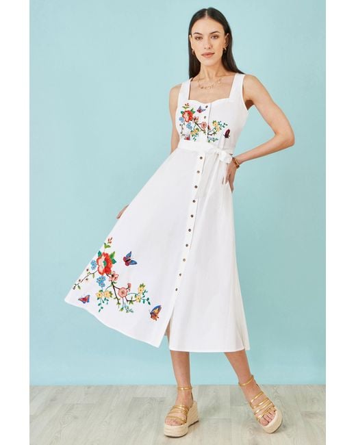 Yumi' White Cotton Midi Dress With Embroidery