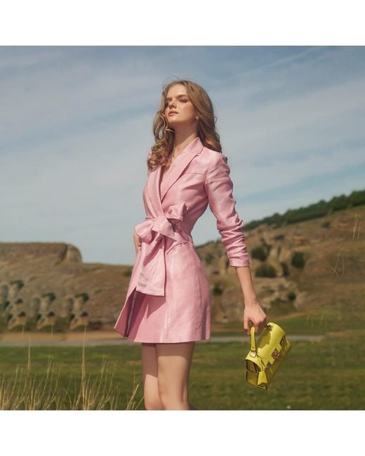 AVENUE No.29 Pink Metallized Linen Blazer Dress With Bow