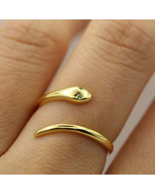 VicStoneNYC Fine Jewelry Metallic Snake Open Cuff Ring With Natural Emerald Eyes