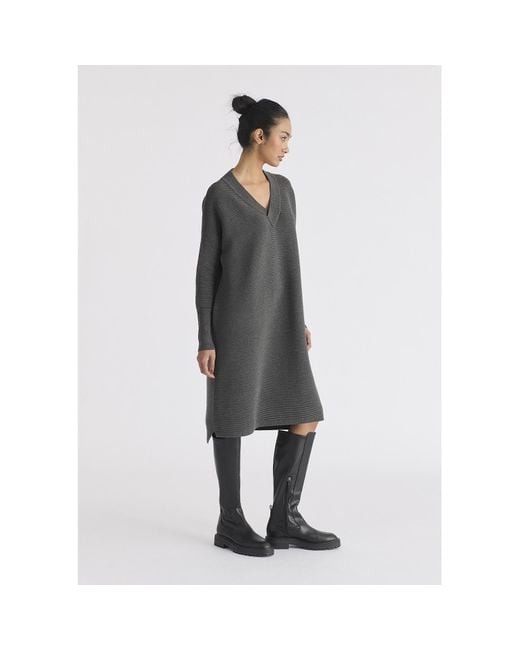 Paisie Black V-Neck Ribbed Jumper Dress