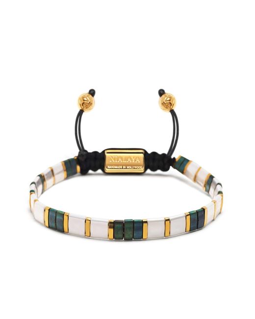 Nialaya Metallic Bracelet With White, Patina Green And Gold Miyuki Tila Beads for men