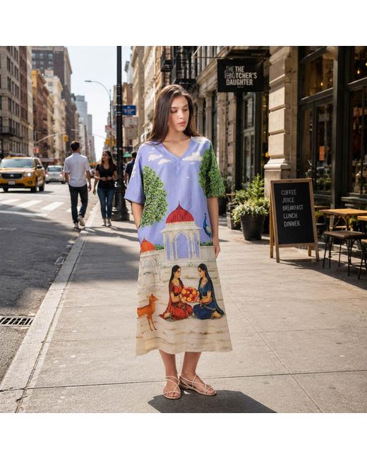 DHARA SHETH DUBAI Blue Saanjh Heritage Art Print Long Cotton Kaftan Dress