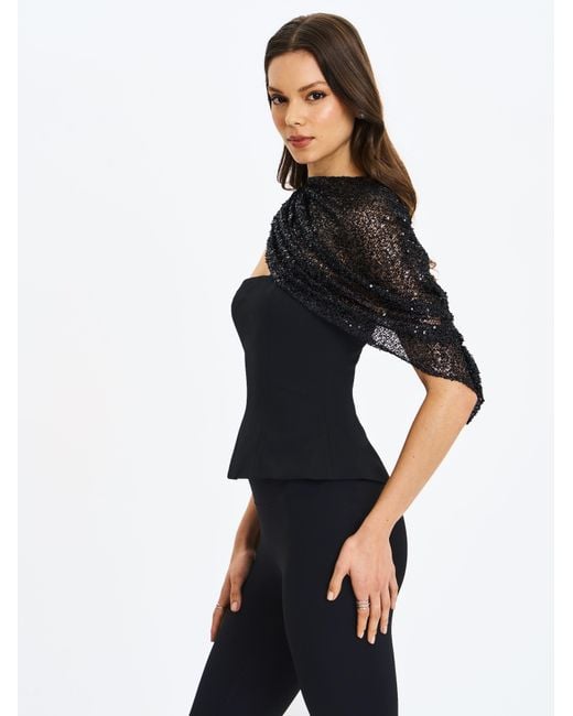 Miss Circle New York Black Quinette Peplum Top With Beaded Asymmetrical Cape