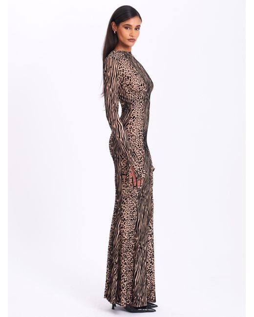 Miss Circle New York Gray Neutrals Waylynn Nude Animal Print Burnout Velvet Detail Mesh Backless Maxi Dress