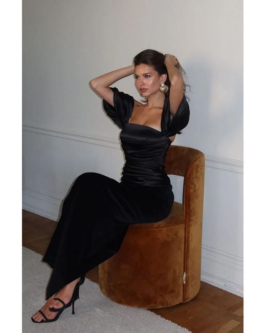POST MERIDIEM Black Maxi Dress With Draped Bodice & Sleeves