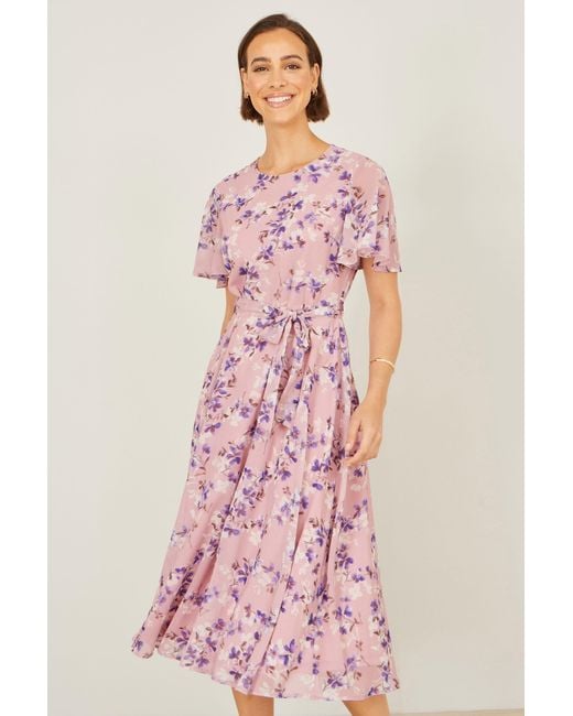 Yumi' Pink Blossom Skater Midi Dress With Angel Sleeves