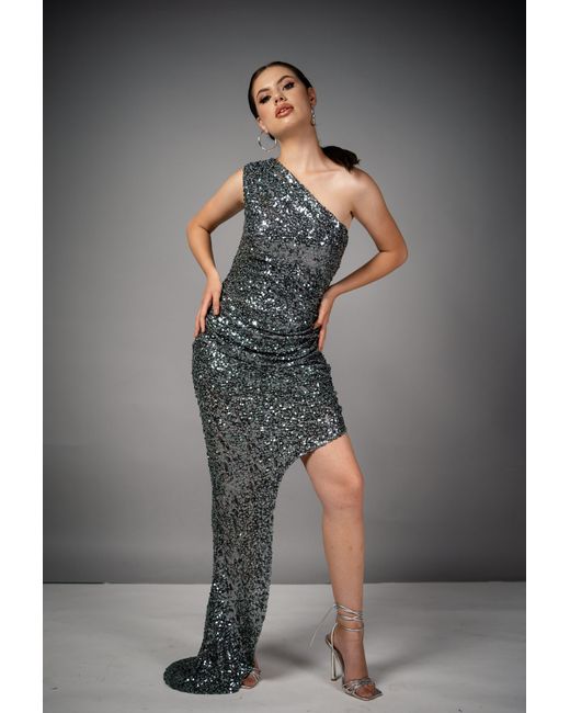 Monice London Gray Mimi One Shoulder Asymmetric Sequin Dress- Gunmetal