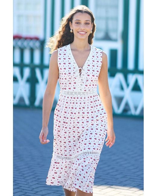 Yumi' White Cherry Print Lace Trim Cotton Midi Dress