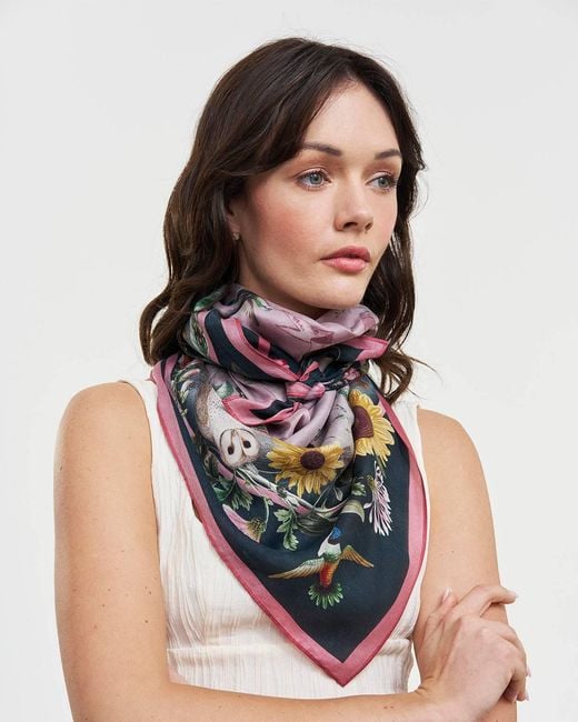 Fable England Pink Circe Narrative Silk Blend Square Scarf