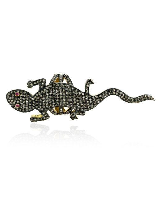 Artisan Multicolor 14k Gold Sterling Sliver With Natural Ruby & Pave Diamond Lizard Design Long Ring