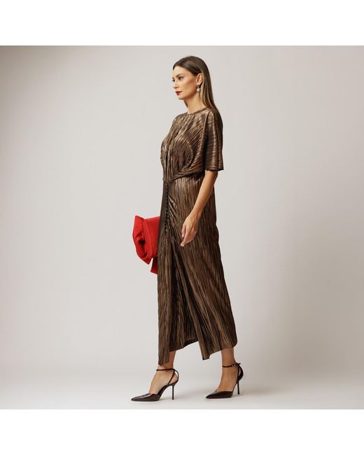 concept A trois Brown Golden Plisse Midi Dress With Closure With Staples