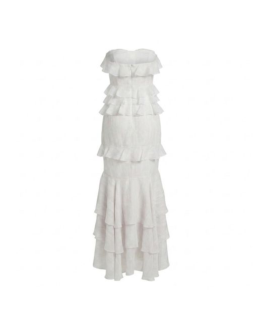 Modenaire White Tiered Ruffle Maxi Dress Strapless Silhouette