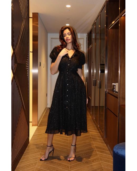 POST MERIDIEM Black Sequin Button Front Midi Dress