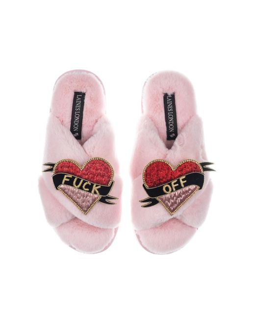 Laines London Pink Classic Laines Slippers With Fuck Off Brooches