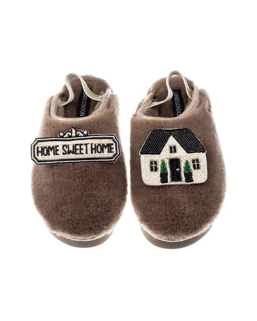 Laines London Brown Neutrals Flatform Cloud Slippers With Home Sweet Home Brooches
