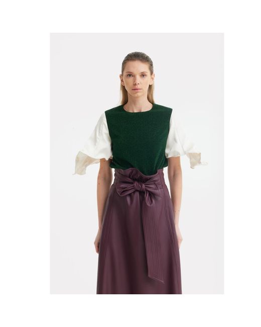 Julia Allert Green Lurex Knit Top With Adjustable Satin Sleeves