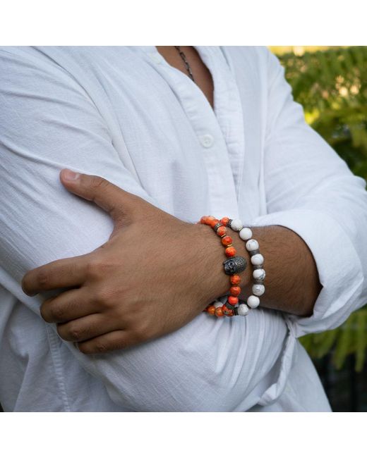 Ebru Jewelry Red Warrior Soul Bronze Indian Chief & Jasper Beaded Bracelet Set for men