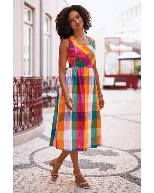 Yumi' Orange Multicolour Seersucker Cotton Midi Sun Dress