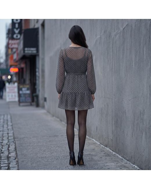 Modenaire Gray Polka Dot Embroidered Lace Dress With V-Neck & Tie Waist