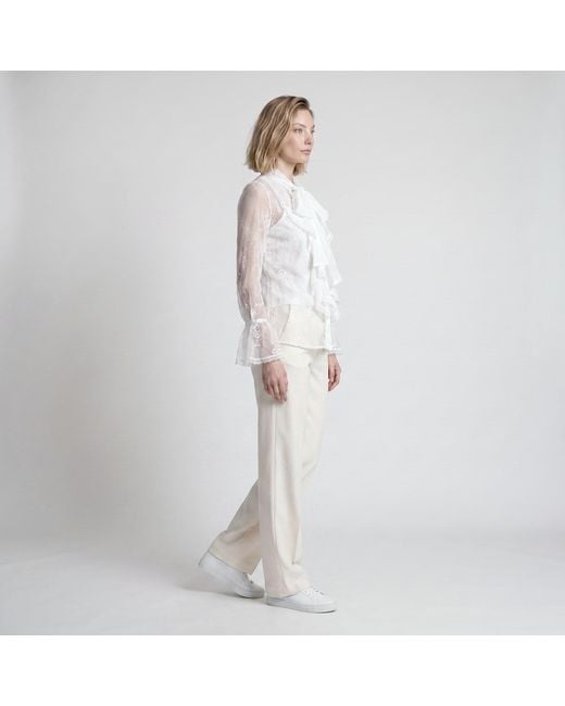 Modenaire White Sheer Lace Blouse With Bow Tie Neck Ruffle Front Detail With Cami