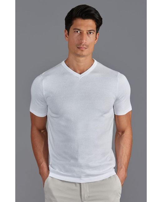 Paul James Knitwear White Ultra Fine Cotton Hudson High V Neck Knitted T-Shirt for men