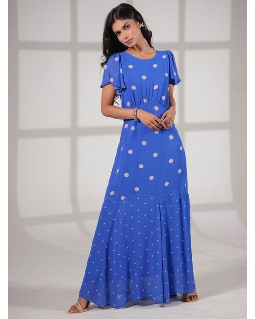 Rose & Nancy Blue Joanna And Polka Dot Print Frill Sleeve Maxi Dress