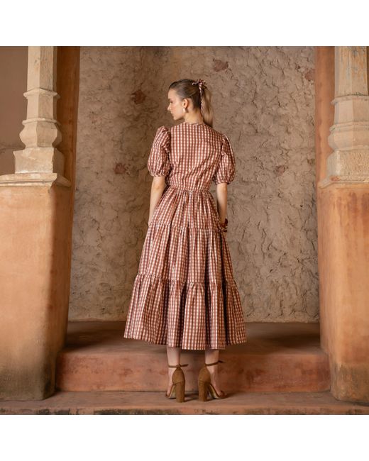 Echo of Pink Red Charlotte Gingham Hand Block Print Cotton Midi Dress