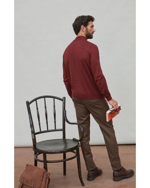 Paul James Knitwear Red Extra Fine Merino Wool Mock Turtleneck Shaw Jumper for men