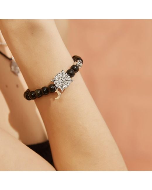 Aurozia Black Three Charms Solar Meridian Whitegold Plated Sundial And The Sun Coin Agate Beaded Bracelet