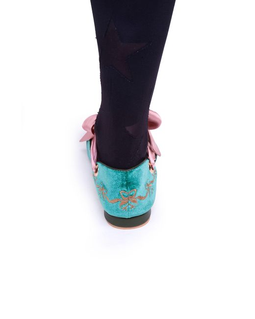 Natalia Petruch Clotilde Velvet Embroidered Flats With Silk Bow & Straps