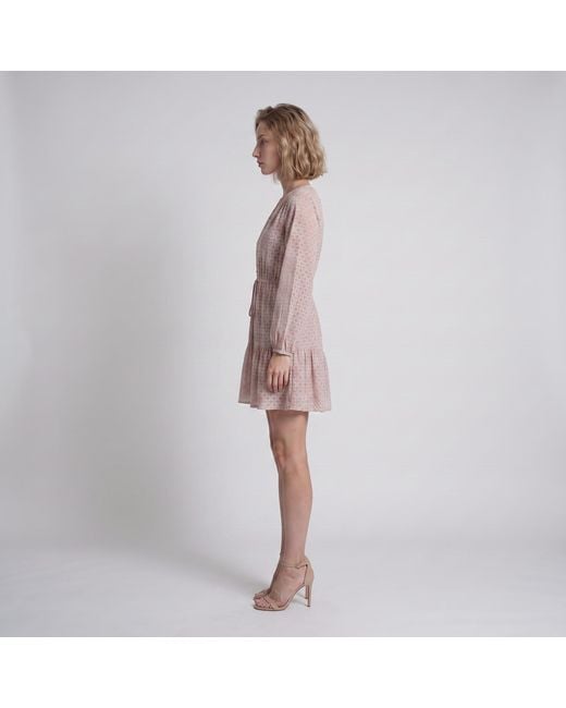 Modenaire Pink Polka Dot Embroidered Lace Dress With V-Neck And Tie Waist
