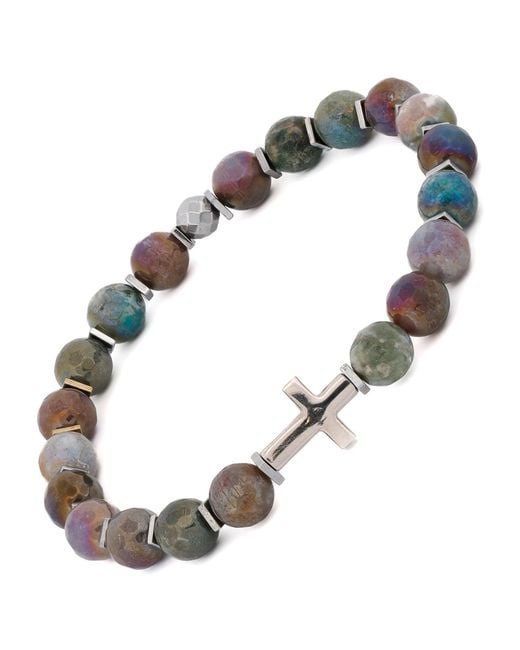 Ebru Jewelry Metallic Sterling Cross & Mystic Indian Agate Beaded Bracelet for men
