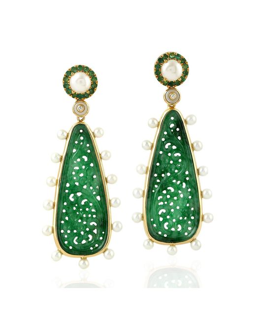 Artisan Green 18K Carved Jade, Emerald, Pearl And Diamond Drop Earrings