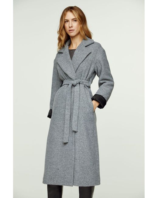 Conquista Blue Charcoal Wool-cotton Blend Coat With Shawl Collar & Elegant Belt