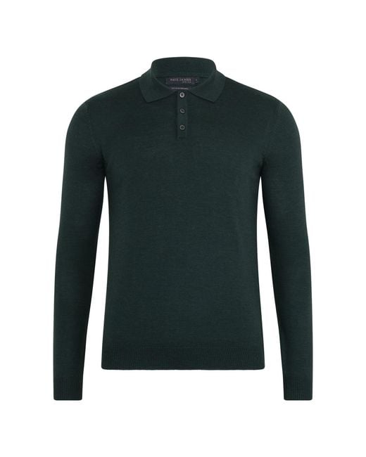 Paul James Knitwear Green Extra Fine Merino Wool Turner Long Sleeve Polo Shirt for men