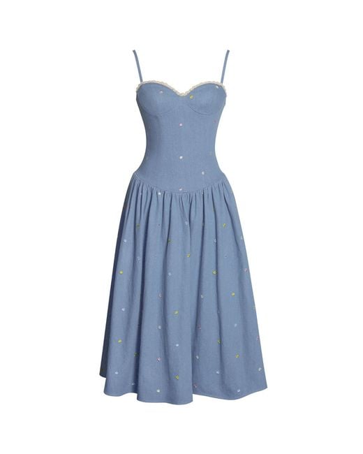 Miss Circle New York Blue Zadie Cotton Denim Drop Waist Embroidery Flower Midi Dress