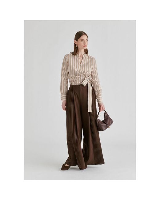 Paisie Natural Neutrals Split Collarless Wrap Top With Side-Tie Waist