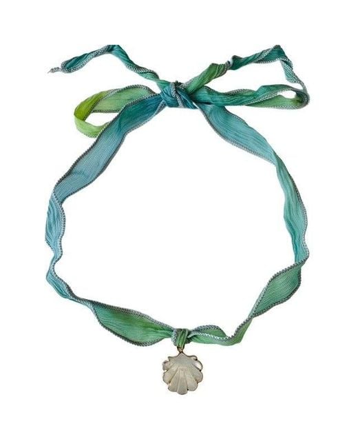 Lexi Jewelry Green Mother Of Pearl Scallop Shell & Seafoam Silk Ribbon Choker