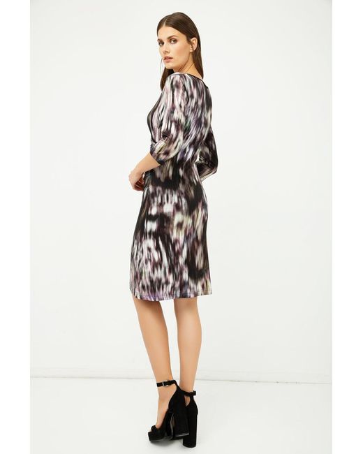 Conquista Black Print Jersey Faux Wrap Dress