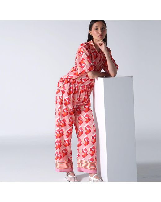 LOVEIST STORE Red Coral Geometric Linen-Feel Wide Leg Trousers