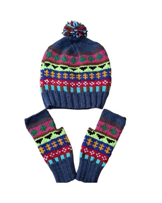 Springmoonatelier Blue Handcrafted Wool Hat & Fingerless Gloves