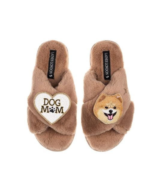 Laines London Brown Neutrals Classic Laines Slippers With Teddy The Pomeranian & Dog Mum Mom Brooches