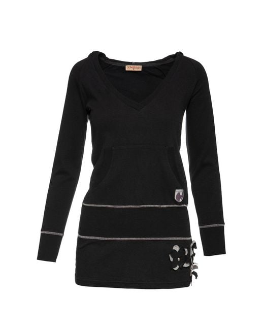 Conquista Black Hooded Tunic With Appliqué Detail